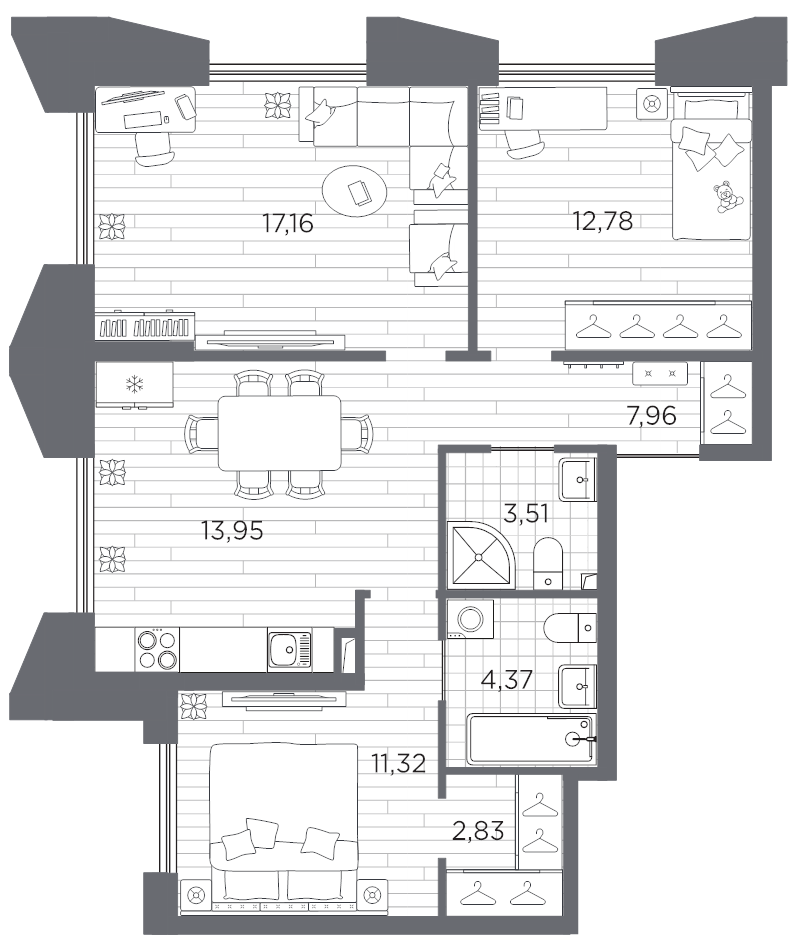 3 ккв 73,9 м²