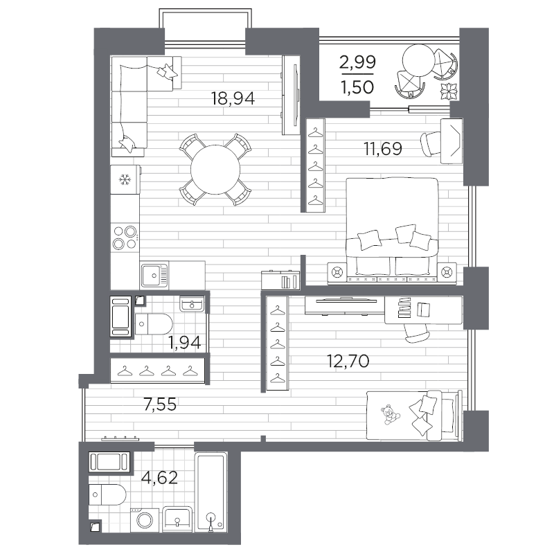 3 ккв (Евро) 58,9 м²