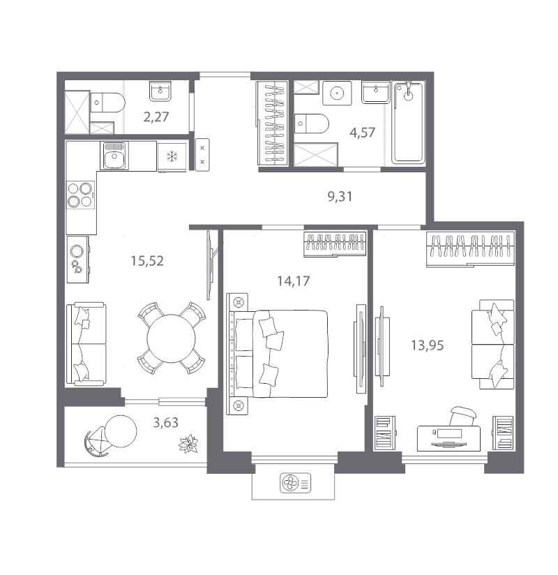 3 ккв (Евро) 61,6 м²