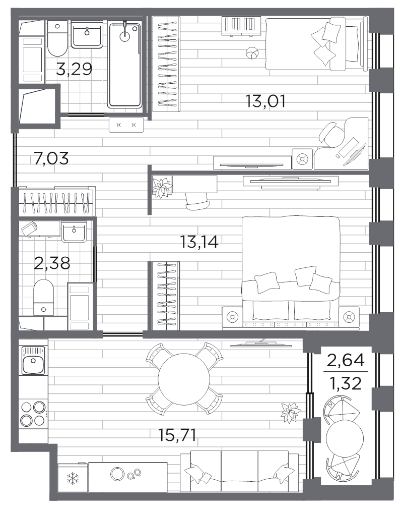 3 ккв (Евро) 55,9 м²
