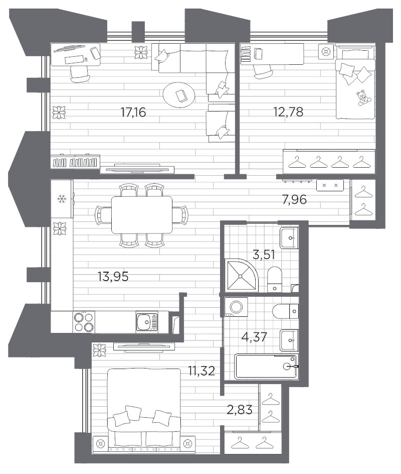 3 ккв 73,9 м²
