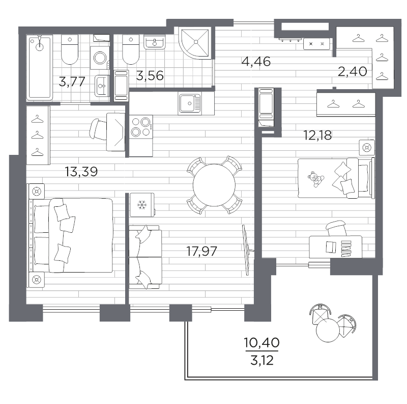 3 ккв (Евро) 60,9 м²