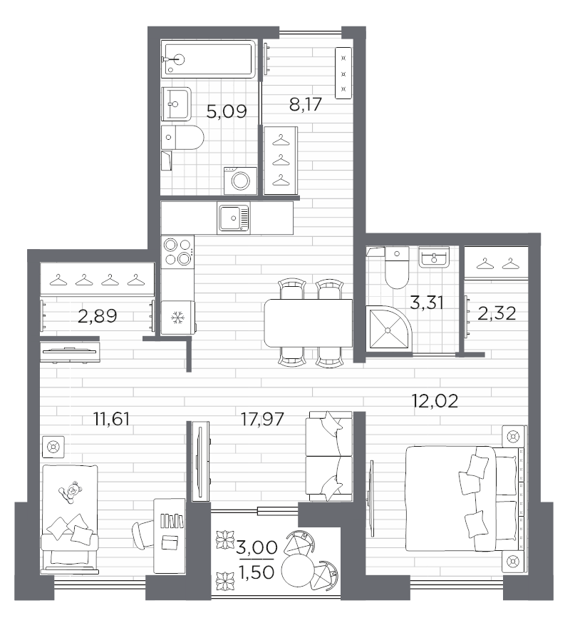 3 ккв (Евро) 61,5 м²