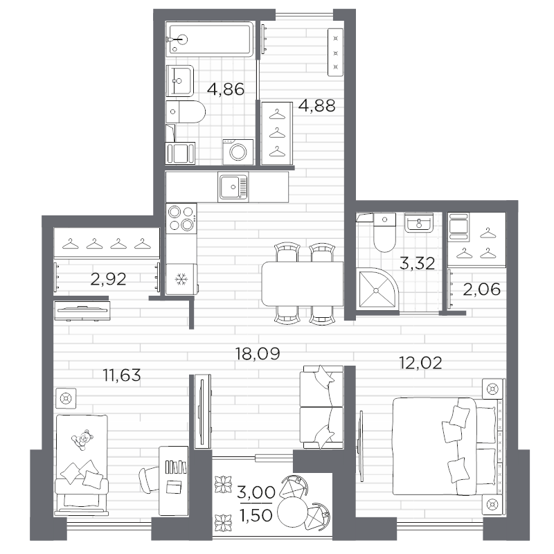 3 ккв (Евро) 61,3 м²