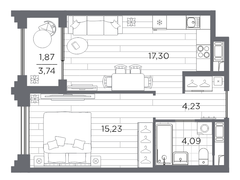 2 ккв (Евро) 42,7 м²