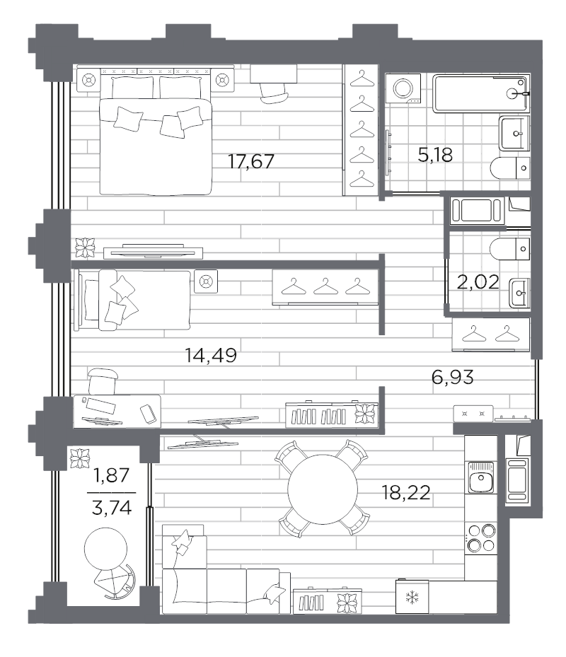 3 ккв (Евро) 66,4 м²