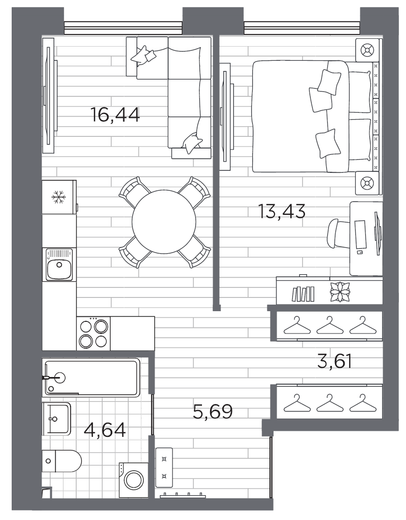 2 ккв (Евро) 43,8 м²