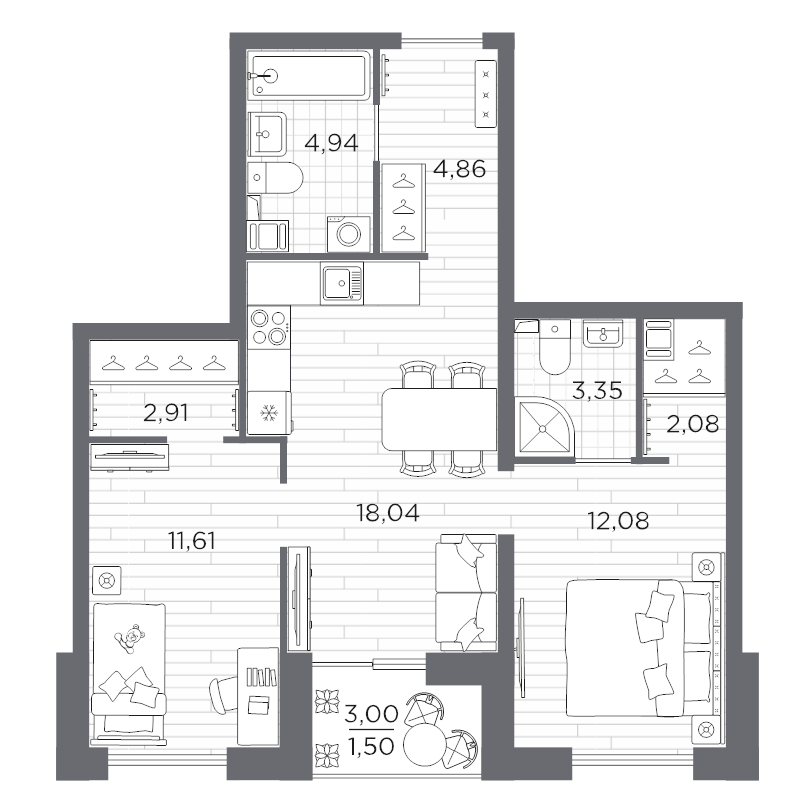 3 ккв (Евро) 61,4 м²