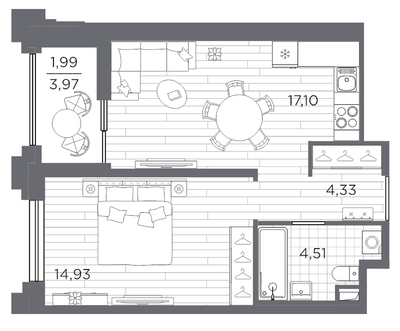 2 ккв (Евро) 42,9 м²
