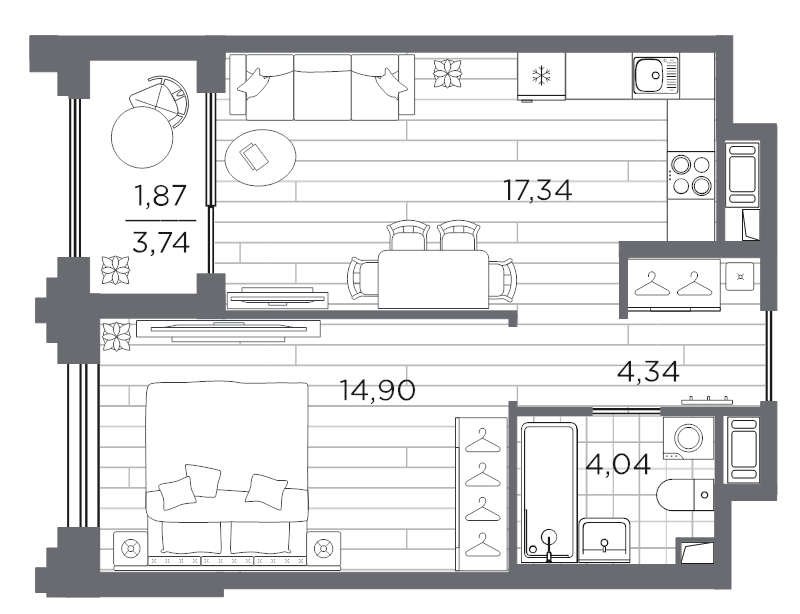 2 ккв (Евро) 42,5 м²