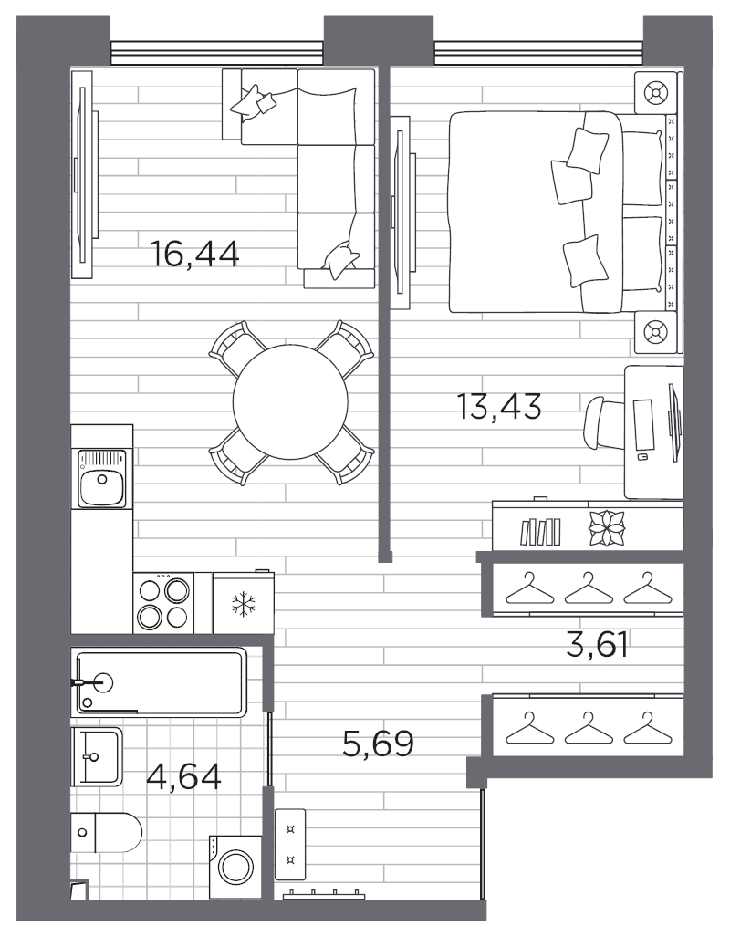 2 ккв (Евро) 43,8 м²