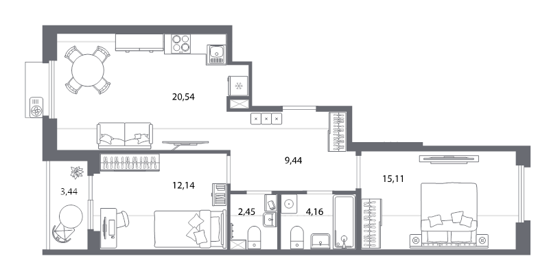 3 ккв (Евро) 64,2 м²