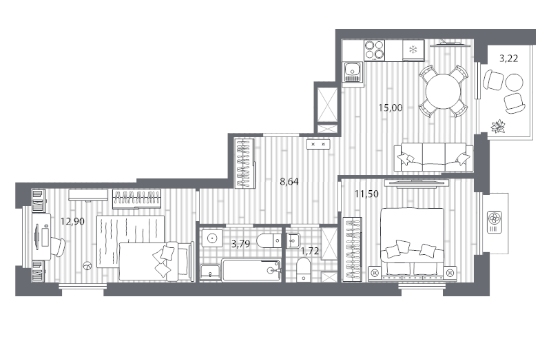 3 ккв (Евро) 54,8 м²