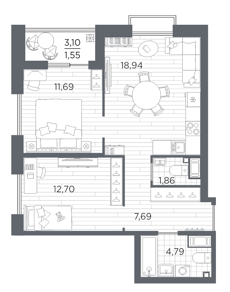 3 ккв (Евро) 59,2 м²