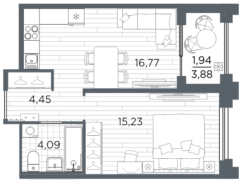 2 ккв (Евро) 42,5 м²