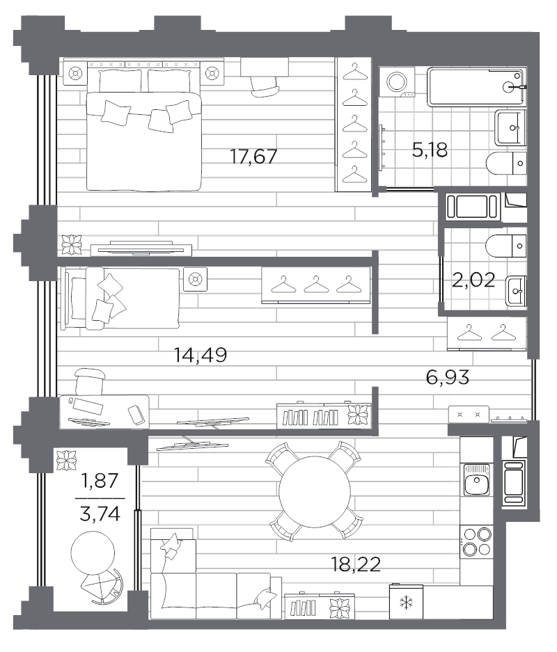 3 ккв (Евро) 66,4 м²