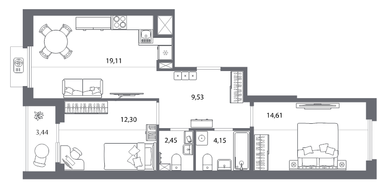 3 ккв (Евро) 63,3 м²