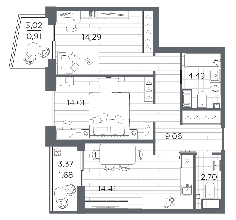 2 ккв 61,6 м²