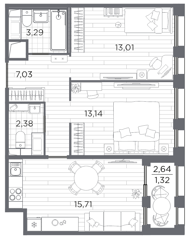3 ккв (Евро) 55,9 м²