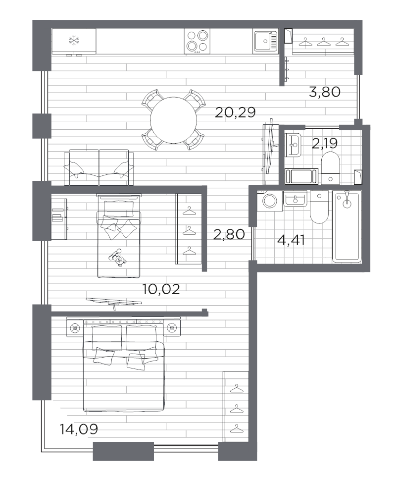 3 ккв (Евро) 57,6 м²