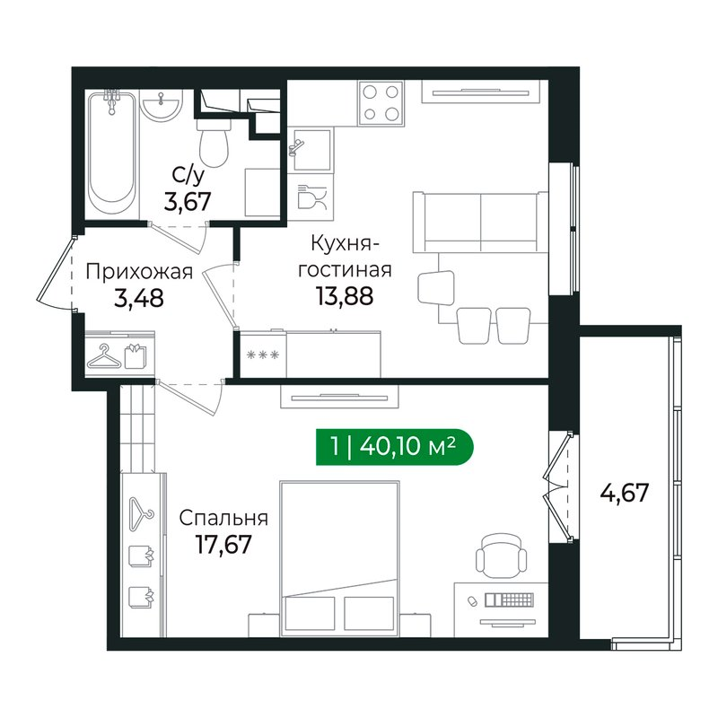 1 ккв 38,5 м²