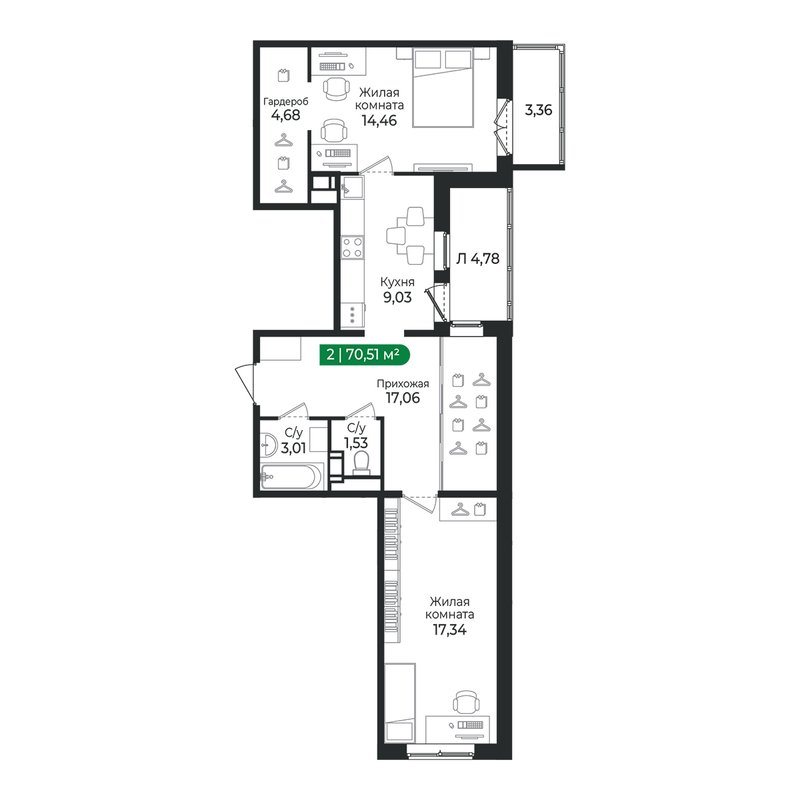 2 ккв 70,5 м²