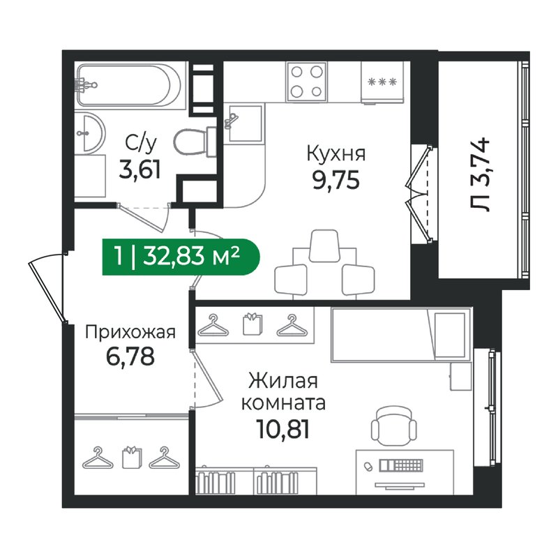 1 ккв 32,8 м²