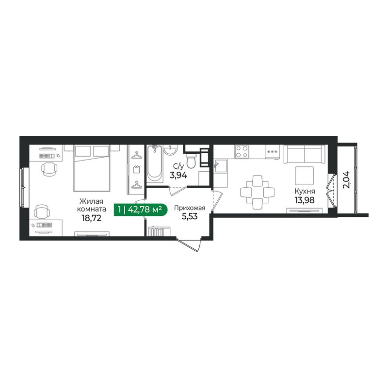 1 ккв 42,8 м²