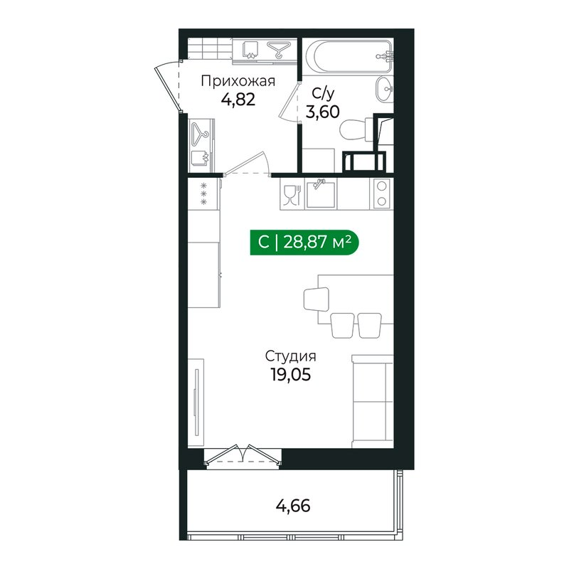 Студия 27,5 м²