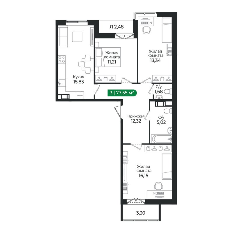 4 ккв (Евро) 77,6 м²