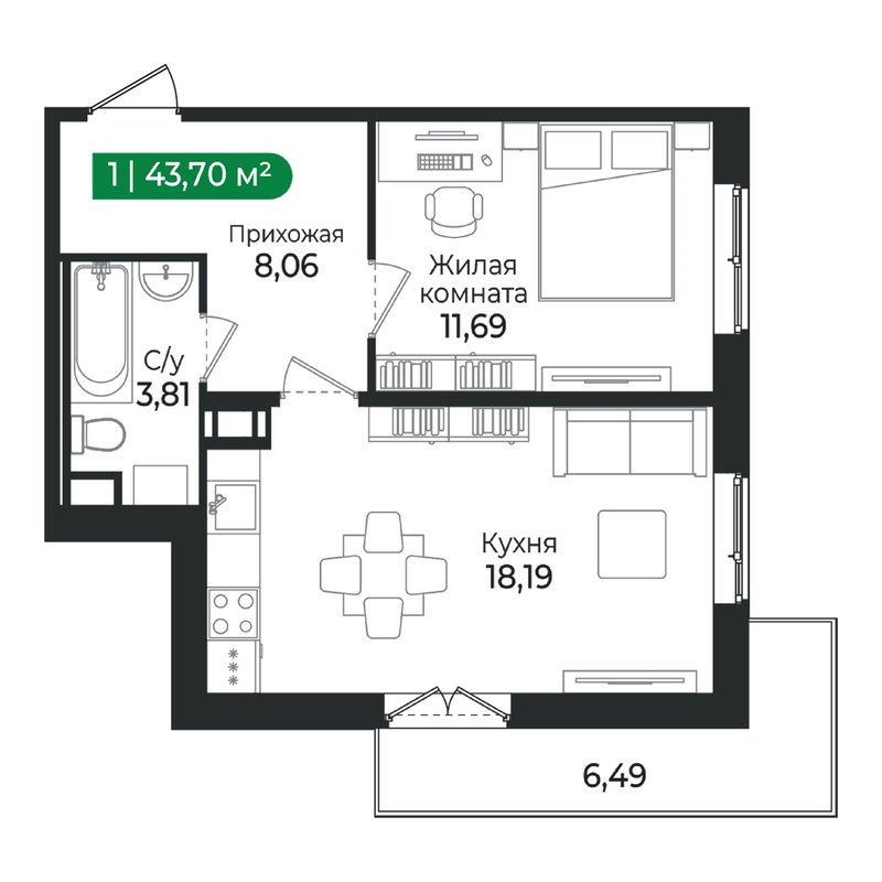 2 ккв (Евро) 43,7 м²