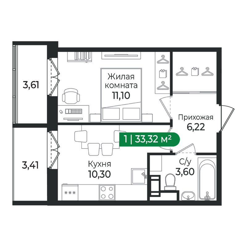 1 ккв 29,7 м²