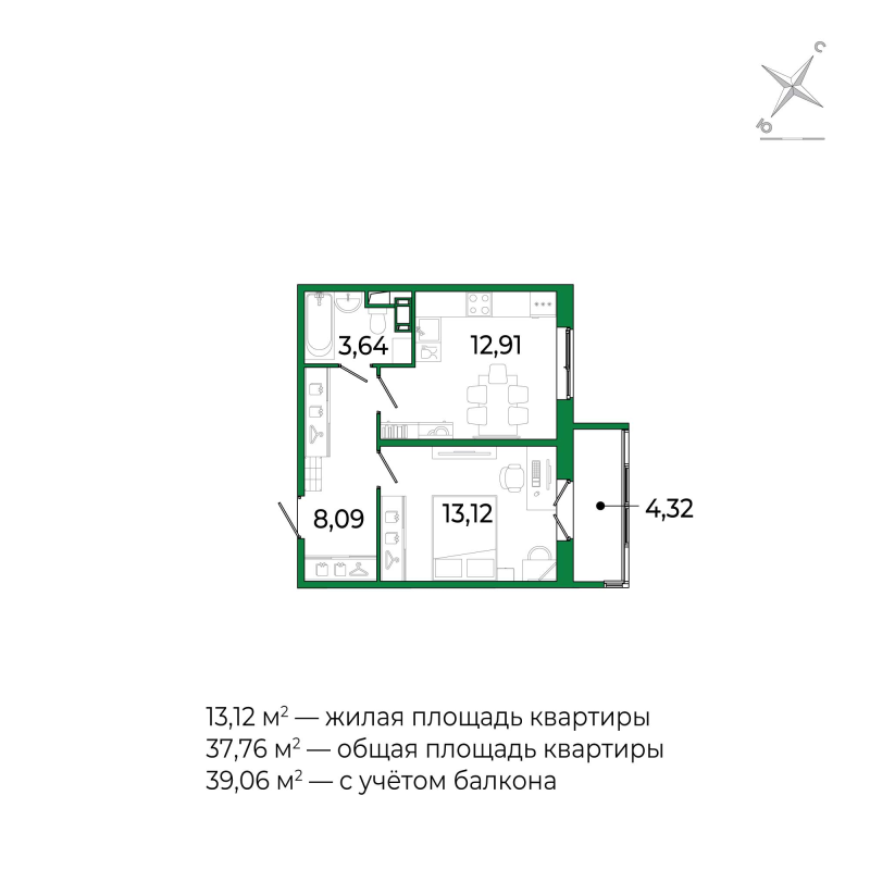 1 ккв 37,8 м²
