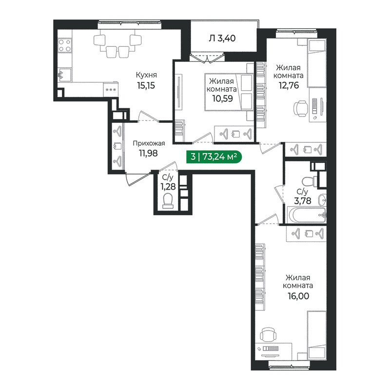 4 ккв (Евро) 73,2 м²