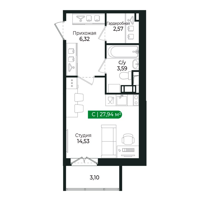 Студия 27,1 м²