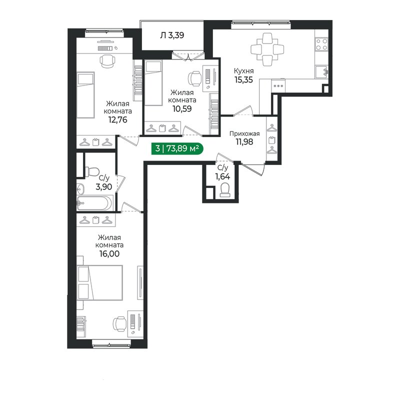4 ккв (Евро) 73,9 м²