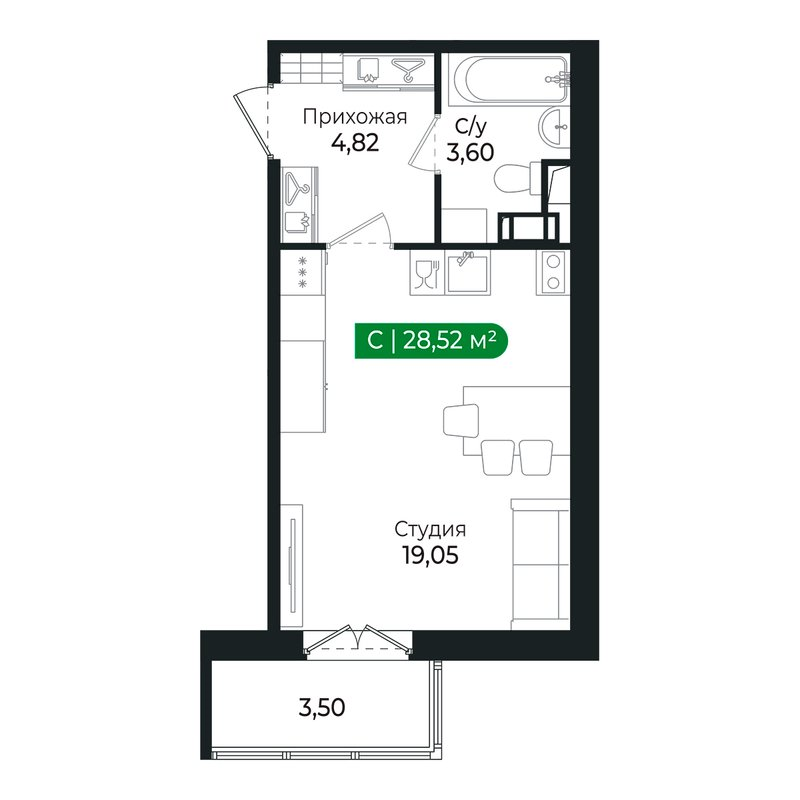 Студия 27,3 м²