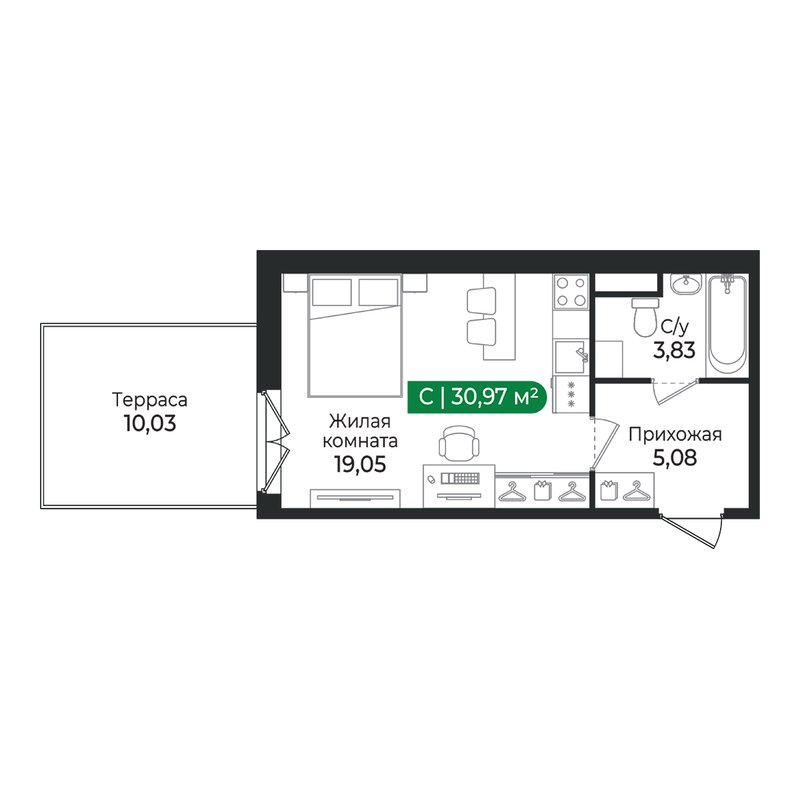 Студия 31 м²