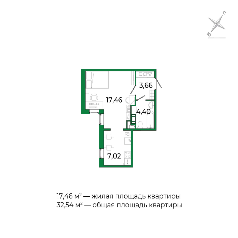 Студия 31,7 м²