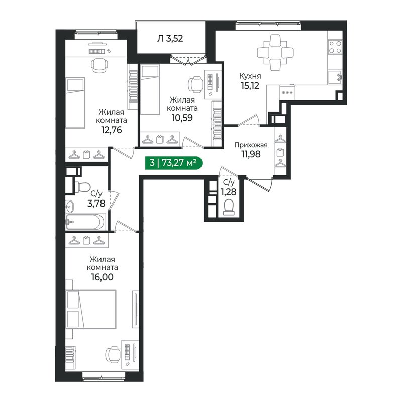 4 ккв (Евро) 73,3 м²