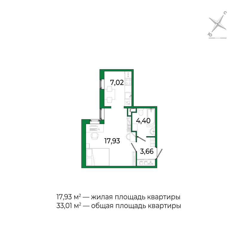 Студия 32,9 м²