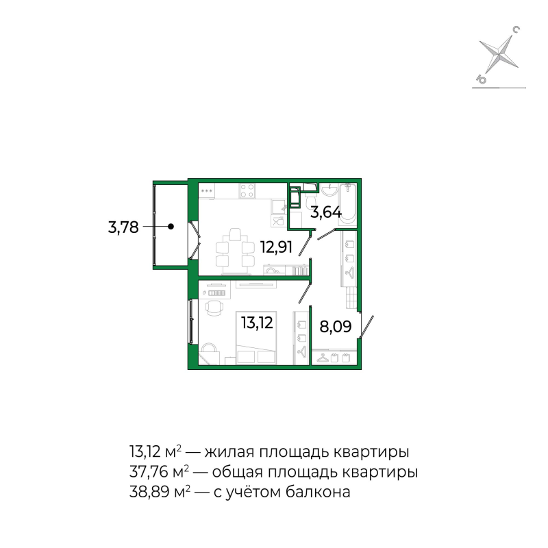 1 ккв 37,6 м²