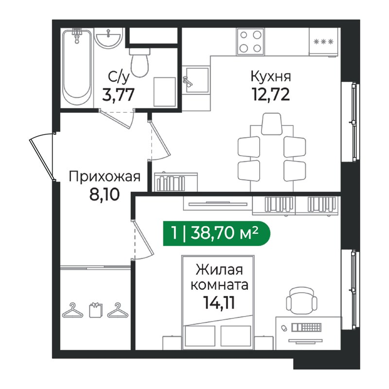 1 ккв 38,7 м²