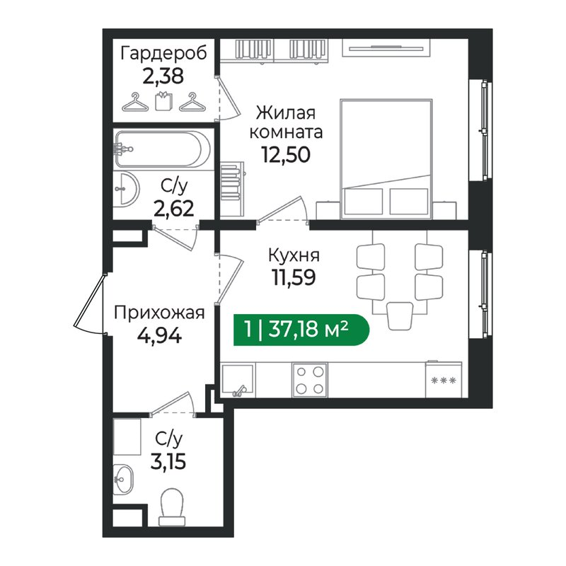 1 ккв 37,2 м²
