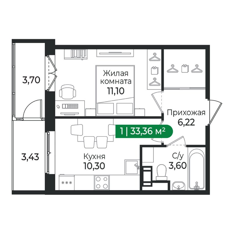 1 ккв 33,4 м²