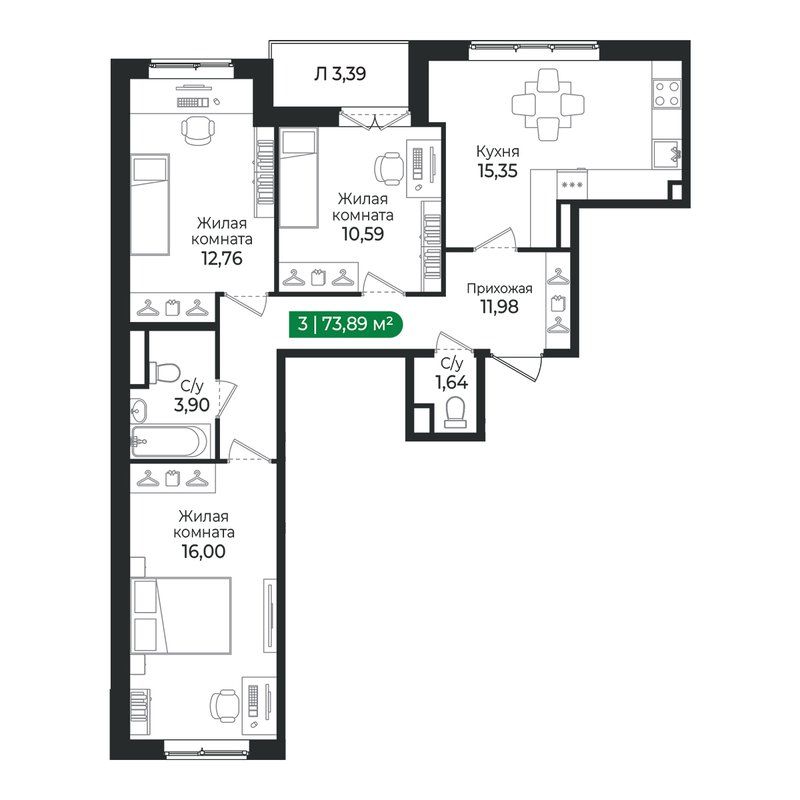 4 ккв (Евро) 73,9 м²
