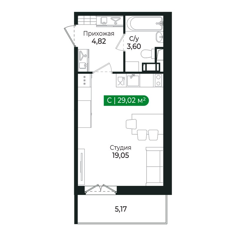 Студия 27,3 м²