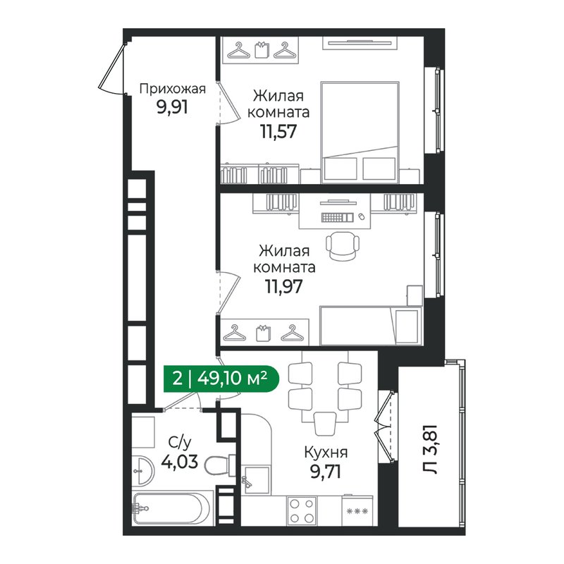 2 ккв 49,1 м²
