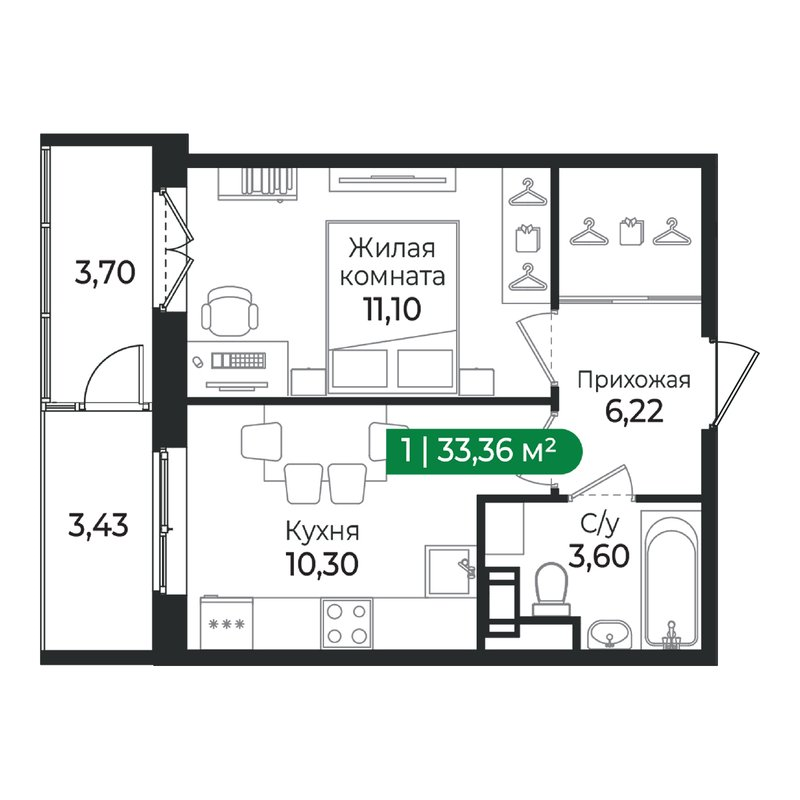 1 ккв 33,4 м²