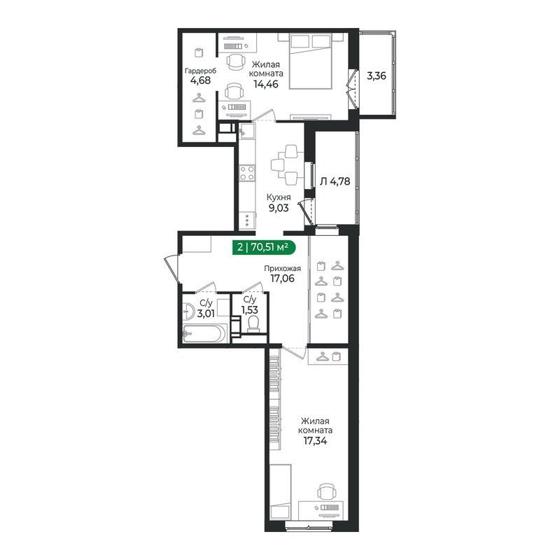 2 ккв 70,5 м²
